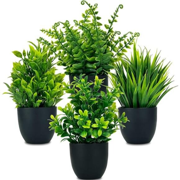 Set of 4 Small Fake Potted Plants 7 inch Artificial Mini Greenery Home Office De - Picture 1 of 7
